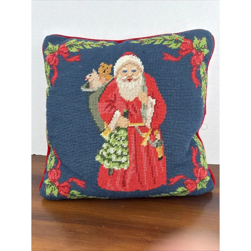 Vintage Christmas Needlepoint Tapestry Old World Santa Pillow 12x12